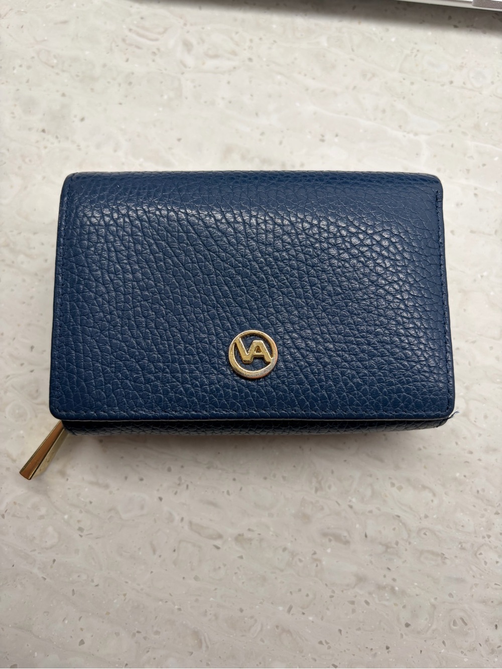 Valentina Navy Pebbled Leather Wallet with Gold Logo